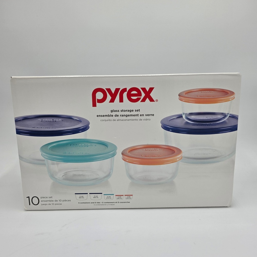 Pyrex 10 Piece Glass Food Storage Set Round Containers with Lids Multi Color